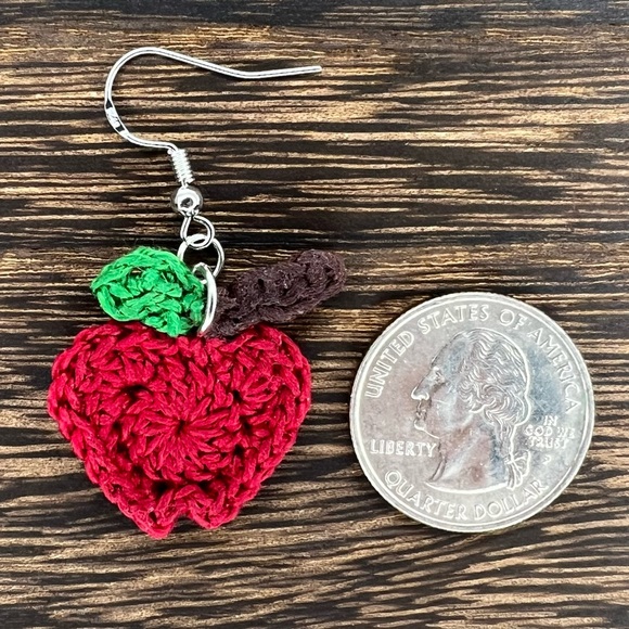 Handmade Crochet Apple Earrings on Hypoallergenic White Gold Plated Hooks Red - Picture 2 of 6